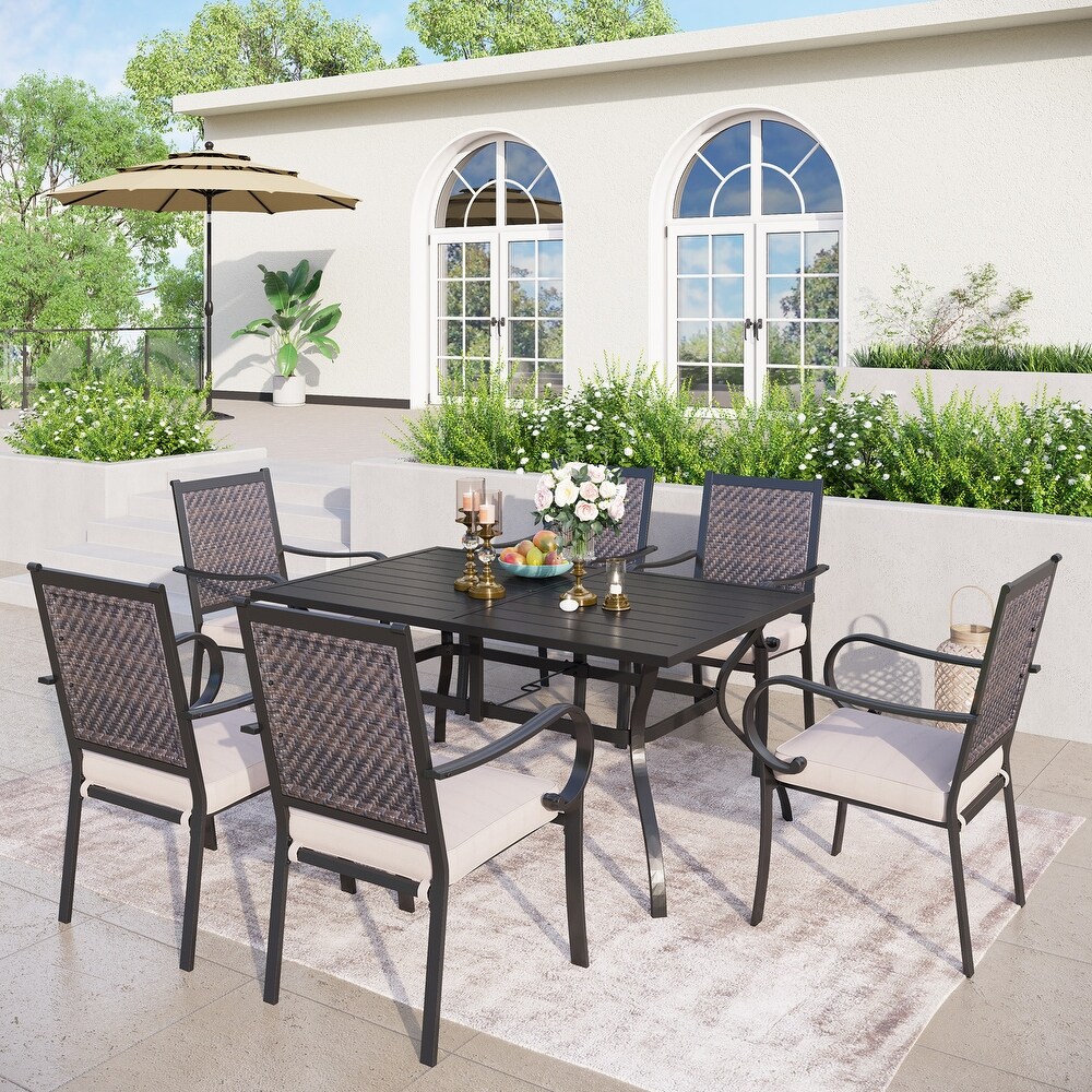 7 piece Patio Dining Set  6 Rattan Chairs with Cushion and 1 Metal Table with Umbrella Hole