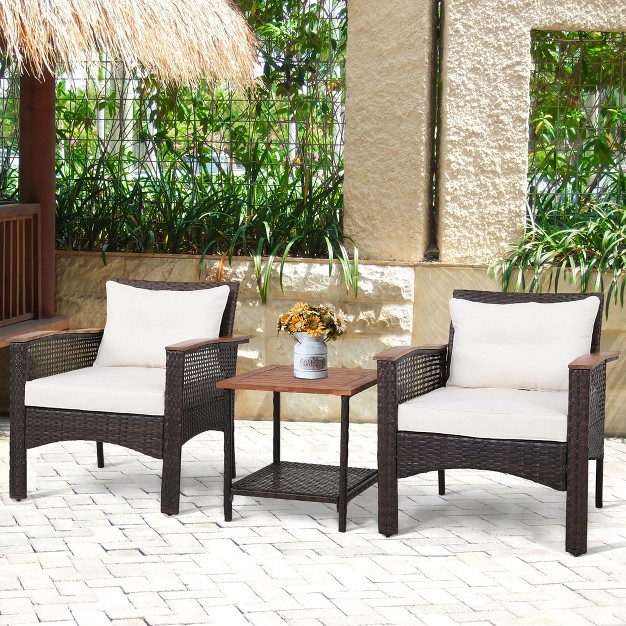 Tangkula 3pcs Patio Conversation Furniture Set Pe Rattan Sofa Set W wood Top Table