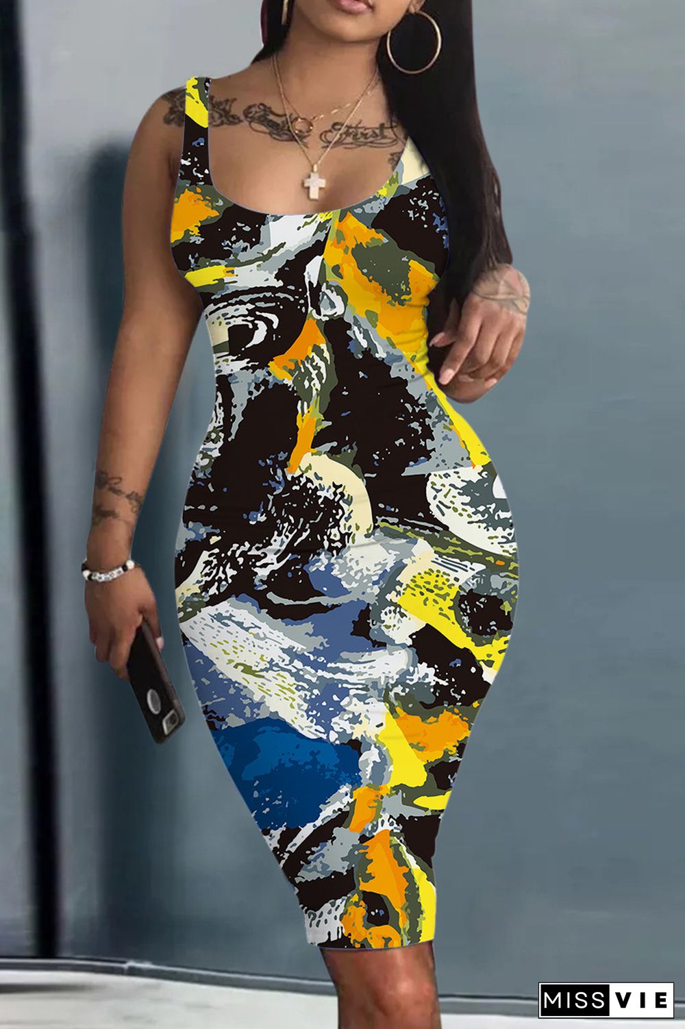 Black Yellow Street Print Patchwork U Neck Pencil Skirt Dresses