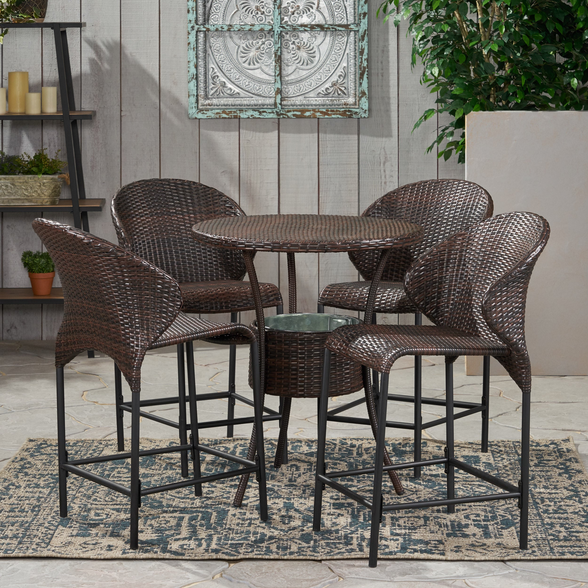 Bennett Outdoor 5-Piece Multi-Brown Wicker Bistro Bar Set with Ice Bucket