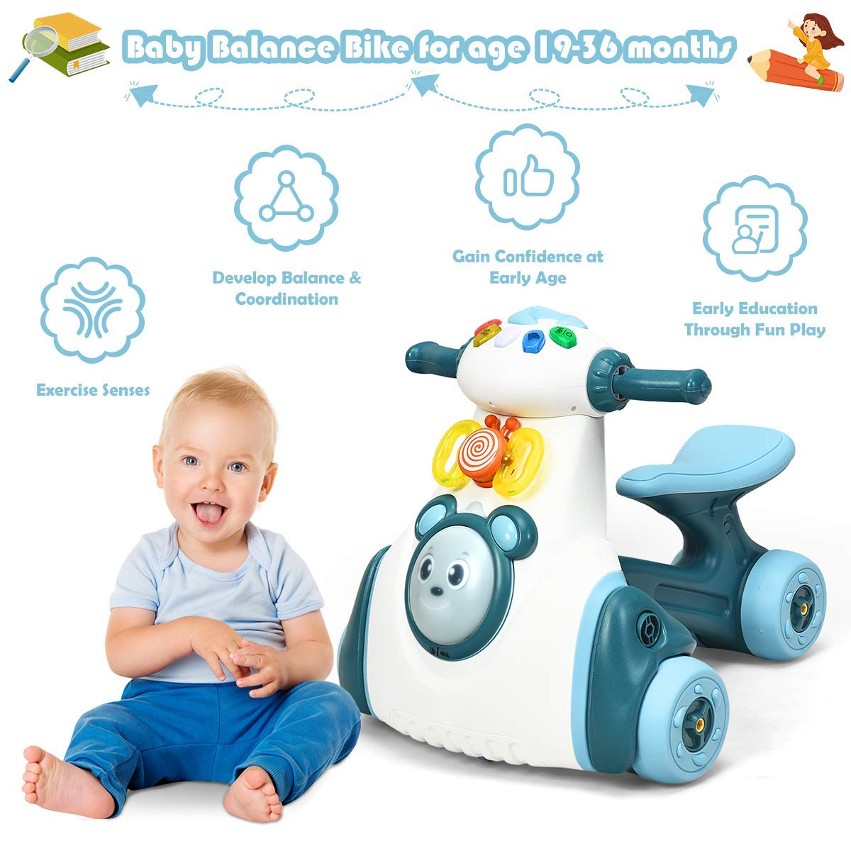 BABY JOY Baby Balance Bike, No Pedal Toddler Walker w/Light, Music, Game Panel