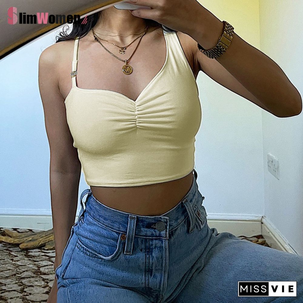 Yellow Sleeveless Crop Tops Women Irregular Ruched Off Shoulder Sexy Camis Women Skinny Fashion Summer Streetwear Cropped Top