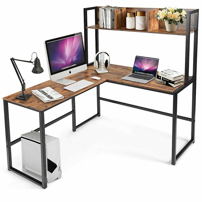 Reversible L-shaped Corner Desk With Storage Bookshelf