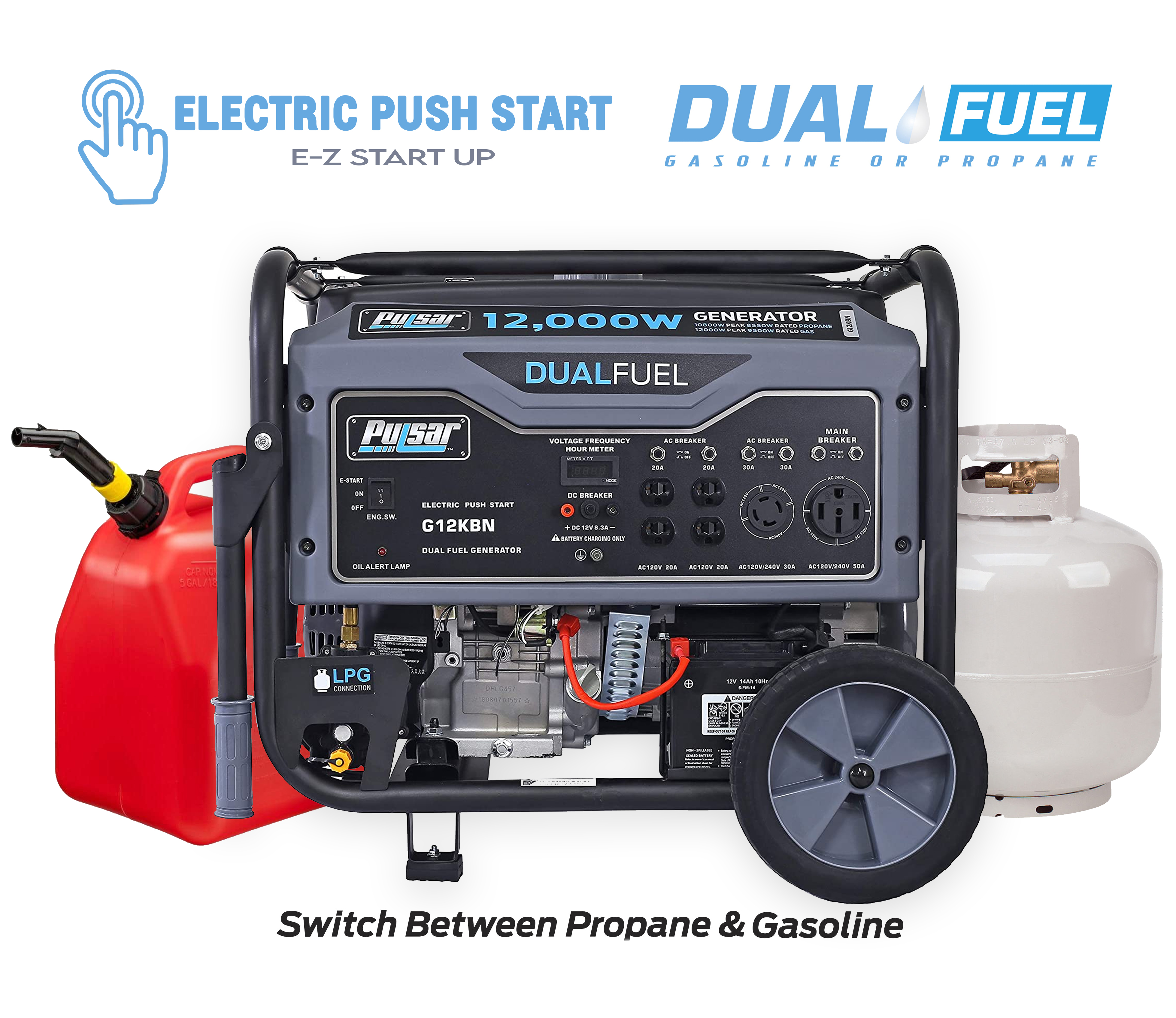 Pulsar 12，000W Dual Fuel Portable Generator in Space Gray with Electric Start， G12KBN