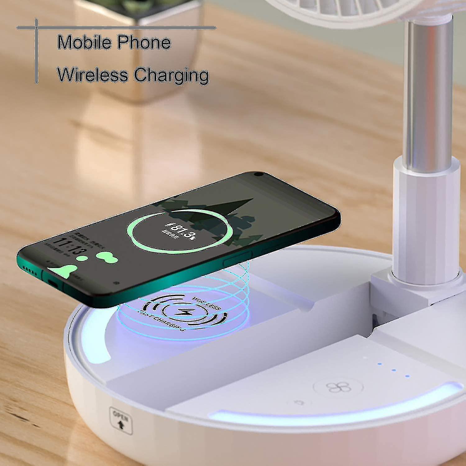 Smart Fan With Mobile Phone Wireless Charging， Portable Outdoor Travel Rechargeable Fan With 4 Speed