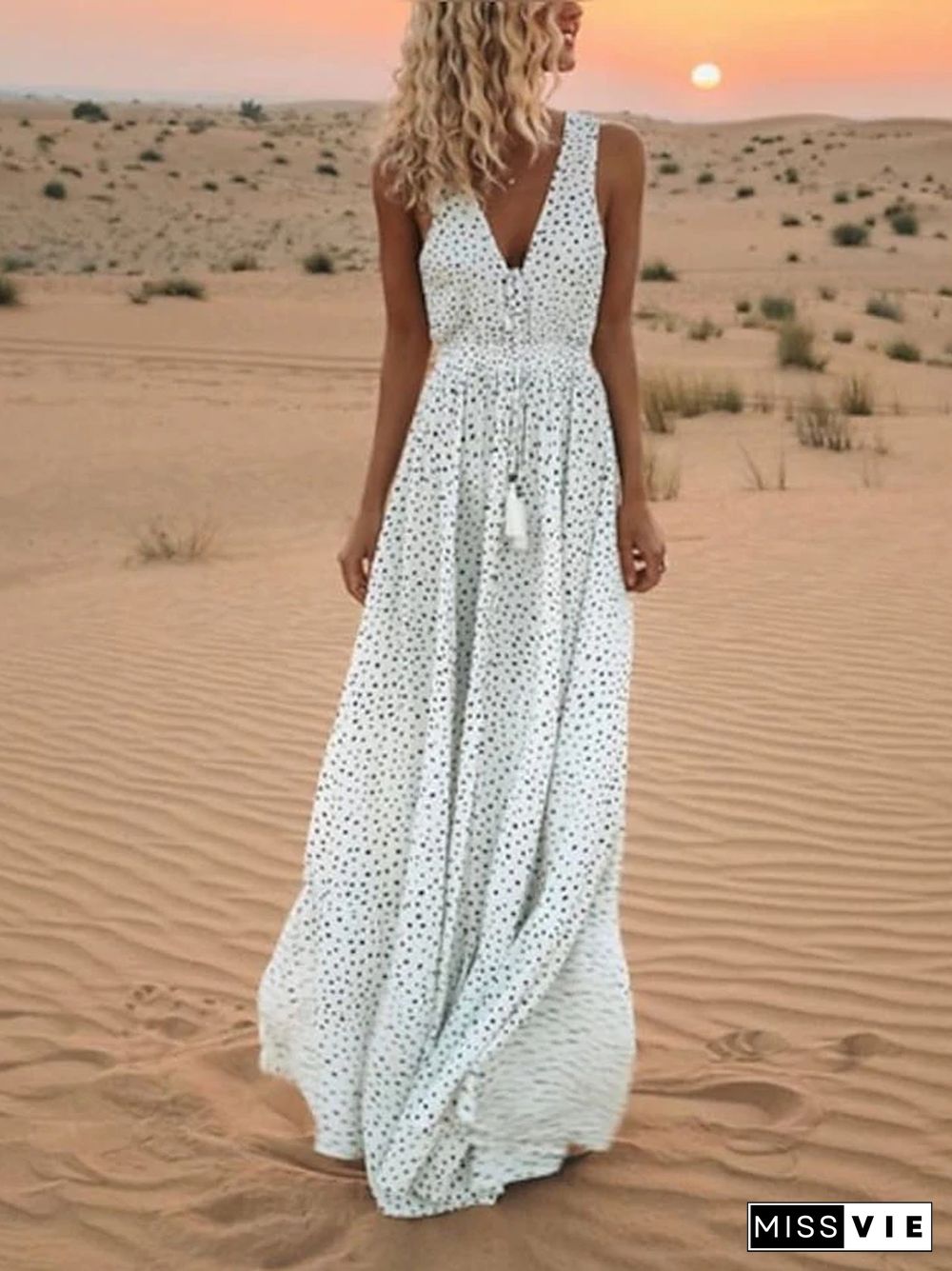 Women's Swing Dress Maxi long Dress White Blue Blushing Pink Beige Sleeveless Polka Dot V Neck Hot S M L XL XXL 3XL White Dresses