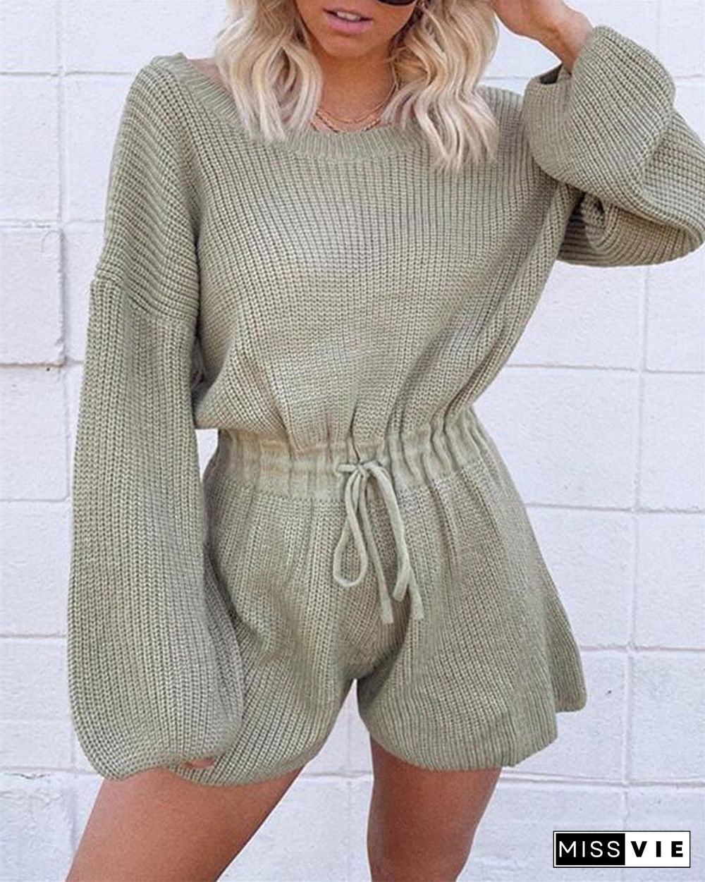 Sweater knitted loose round neck sweater lantern sleeve jumpsuit