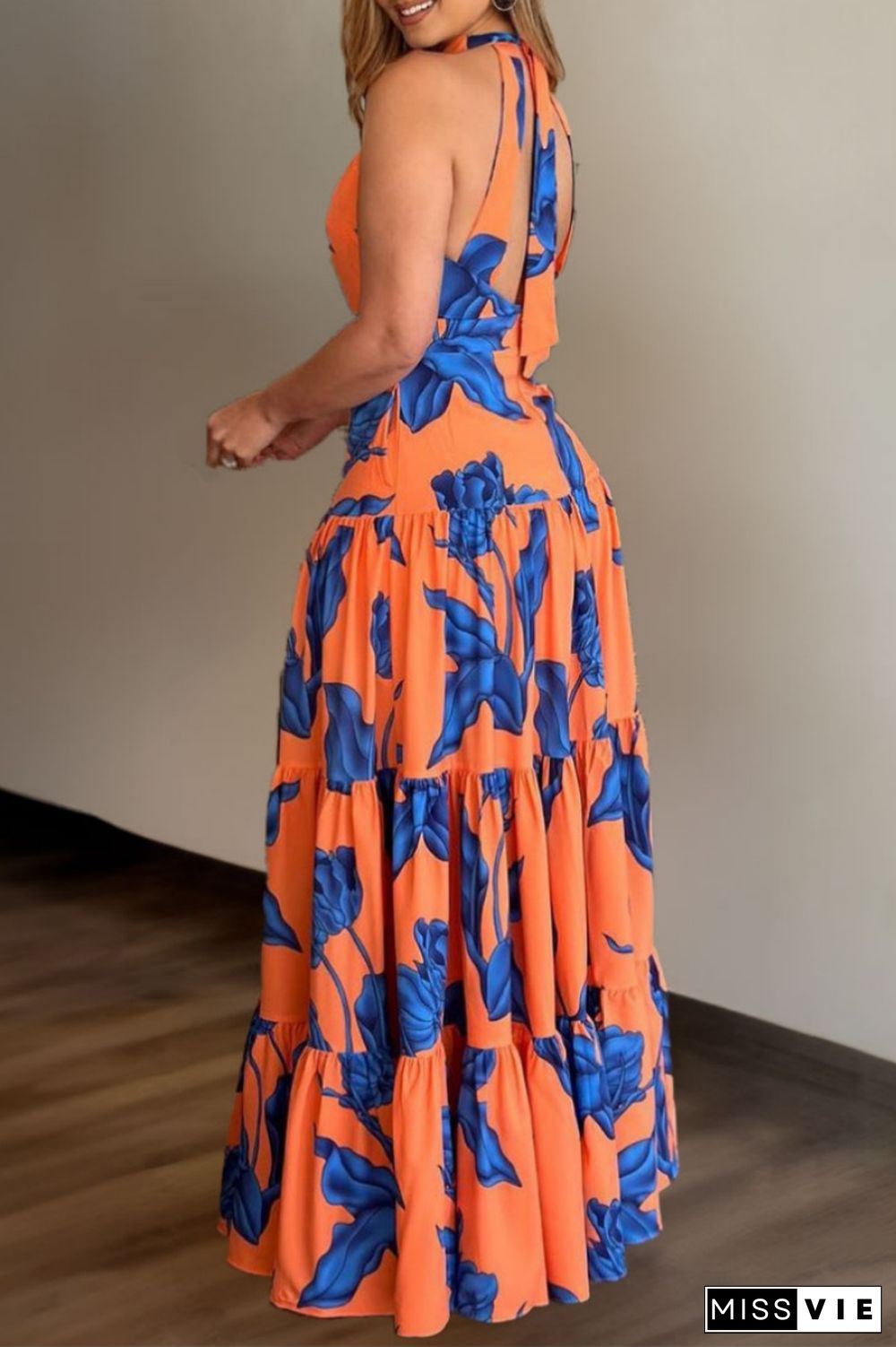 Casual Print Backless Halter Long Dress Dresses