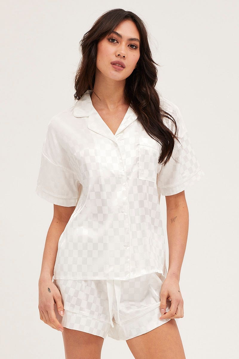 Check Satin Pajamas Set Short Sleeve