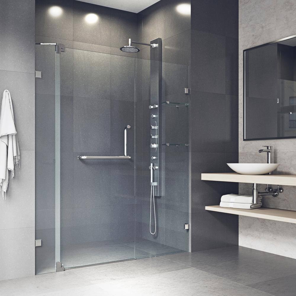 VIGO Pirouette 54 to 60 in. W x 72 in. H Pivot Frameless Shower Door in Brushed Nickel with 38 in. (10mm) Clear Glass VG6042BNCL60