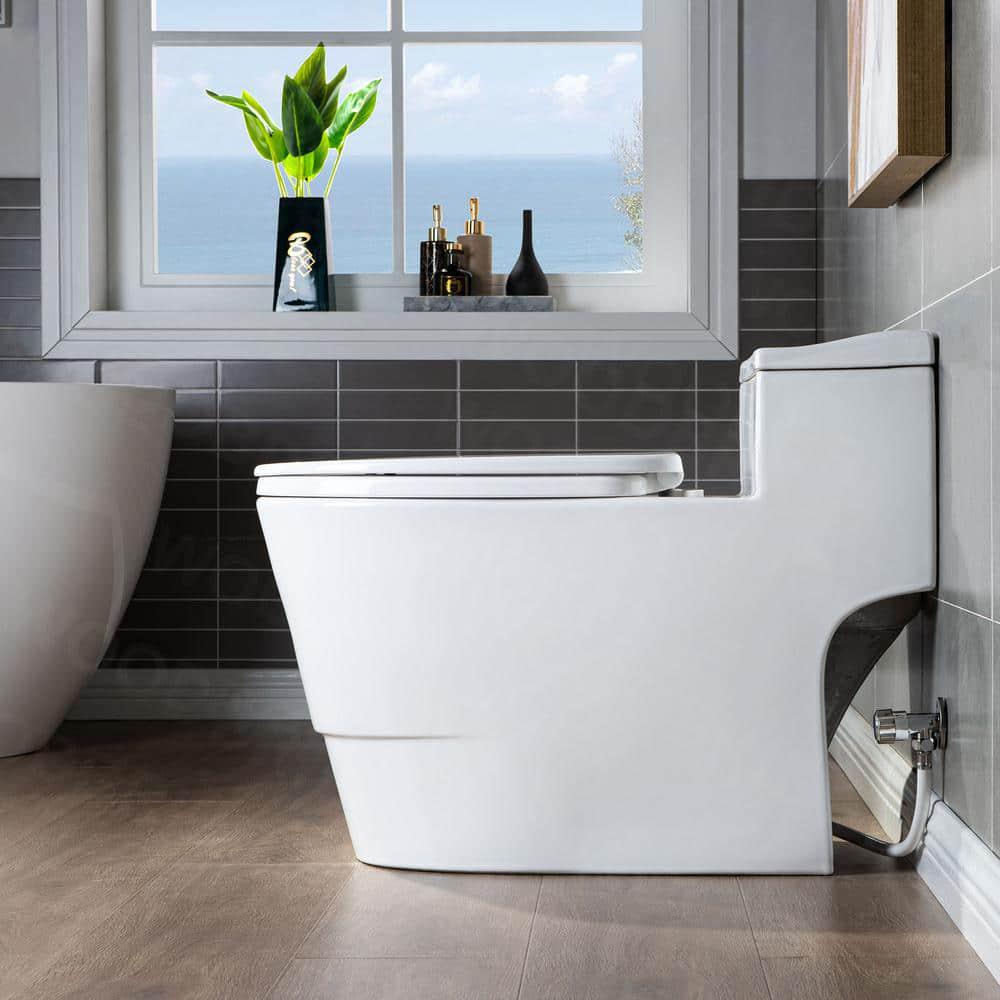 WOODBRIDGE 1piece 128 GPF Conserver High Efficiency Dual Flush AllinOne Toilet with Soft Closed Seat Included in White