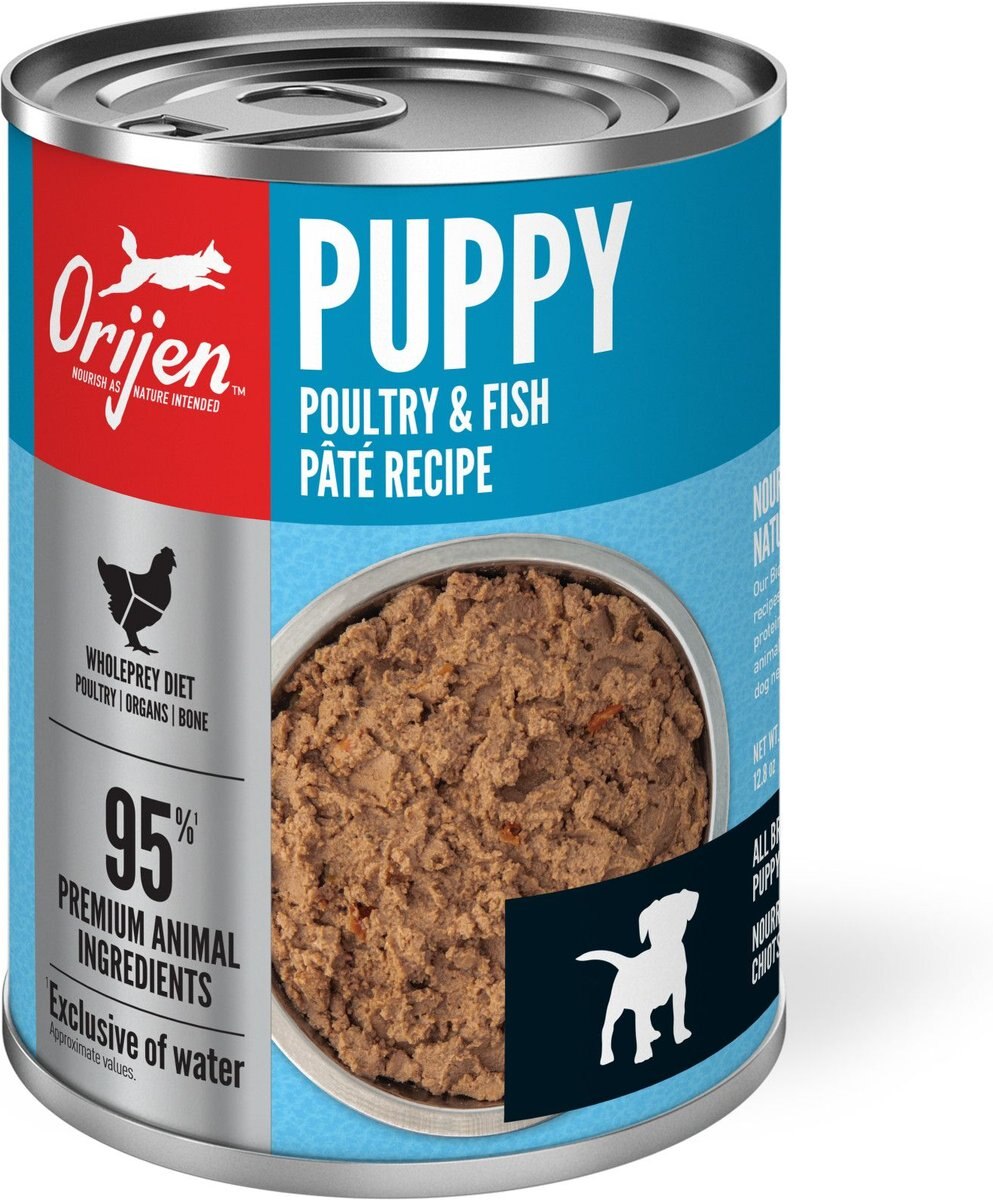 ORIJEN Puppy Recipe Poultry and Fish Pate Grain-Free Wet Dog Food， 12.8-oz can， case of 12