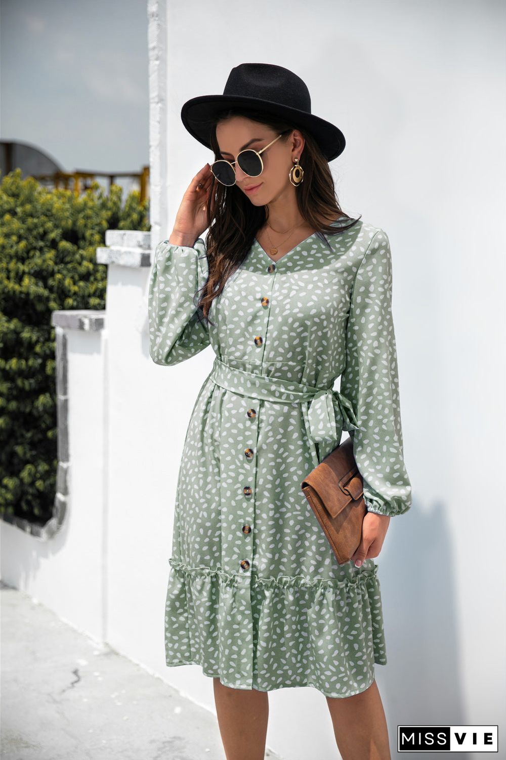 Dot Print Button Ruffle Tunic Dress