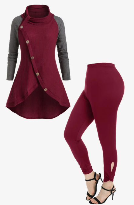 Oblique Buttons Two-tone Sweater and High Rise Cutout Twist Leggings Plus Size Outerwear Outfit