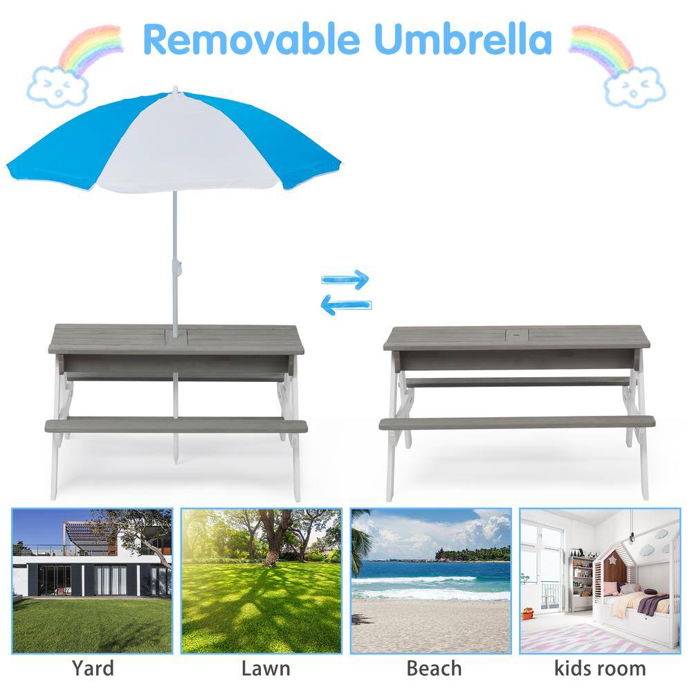 Tunearary 3 in 1 Gray Outdoor Children's Wooden Picnic Table with Umbrella Convertible to Sand and Water Table D469PYX-H4