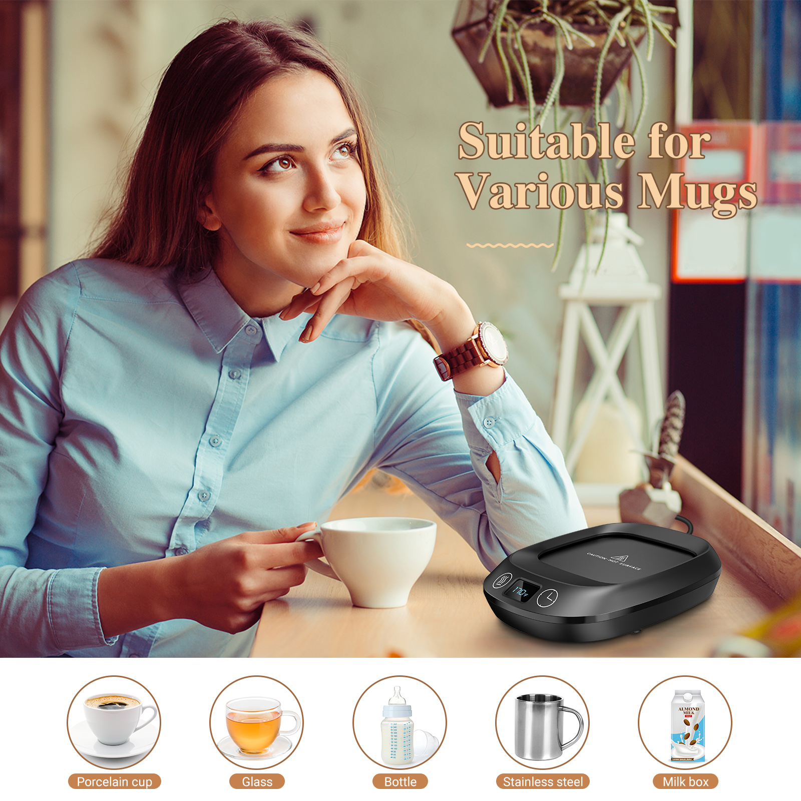 Coffee Mug Warmer，Electric Cup Warmer， Candle Warmer with 8H Auto Shut Off， 3 Temperature Setting 3 Timer with USB Charge for Home Desk Office Use