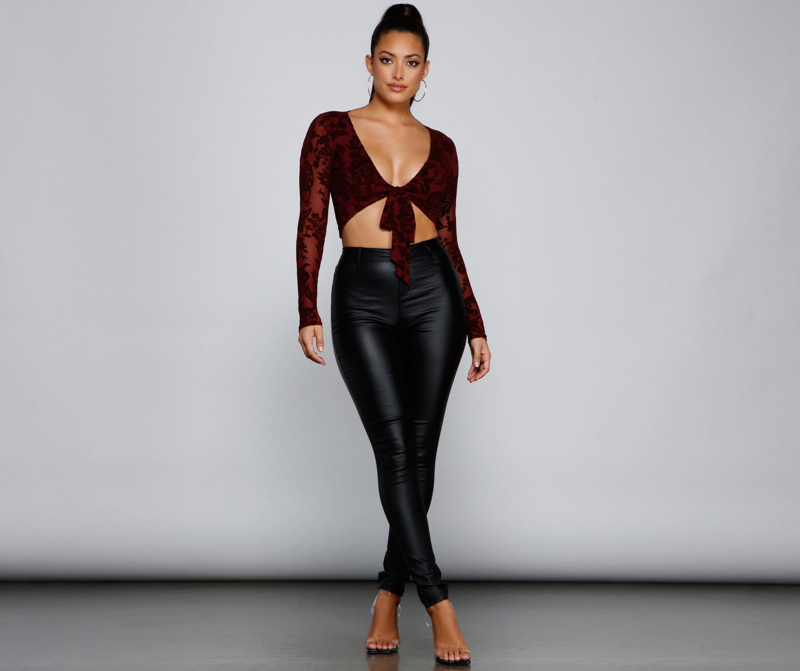 Fancy Me Velvet Burnout Tie-Front Top