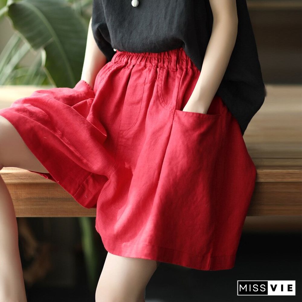 Summer New All-Match Pure Linen High Waist Shorts Elastic Waist Loose And Thin Wide-Leg Pants Casual Solid Color Shorts Woman