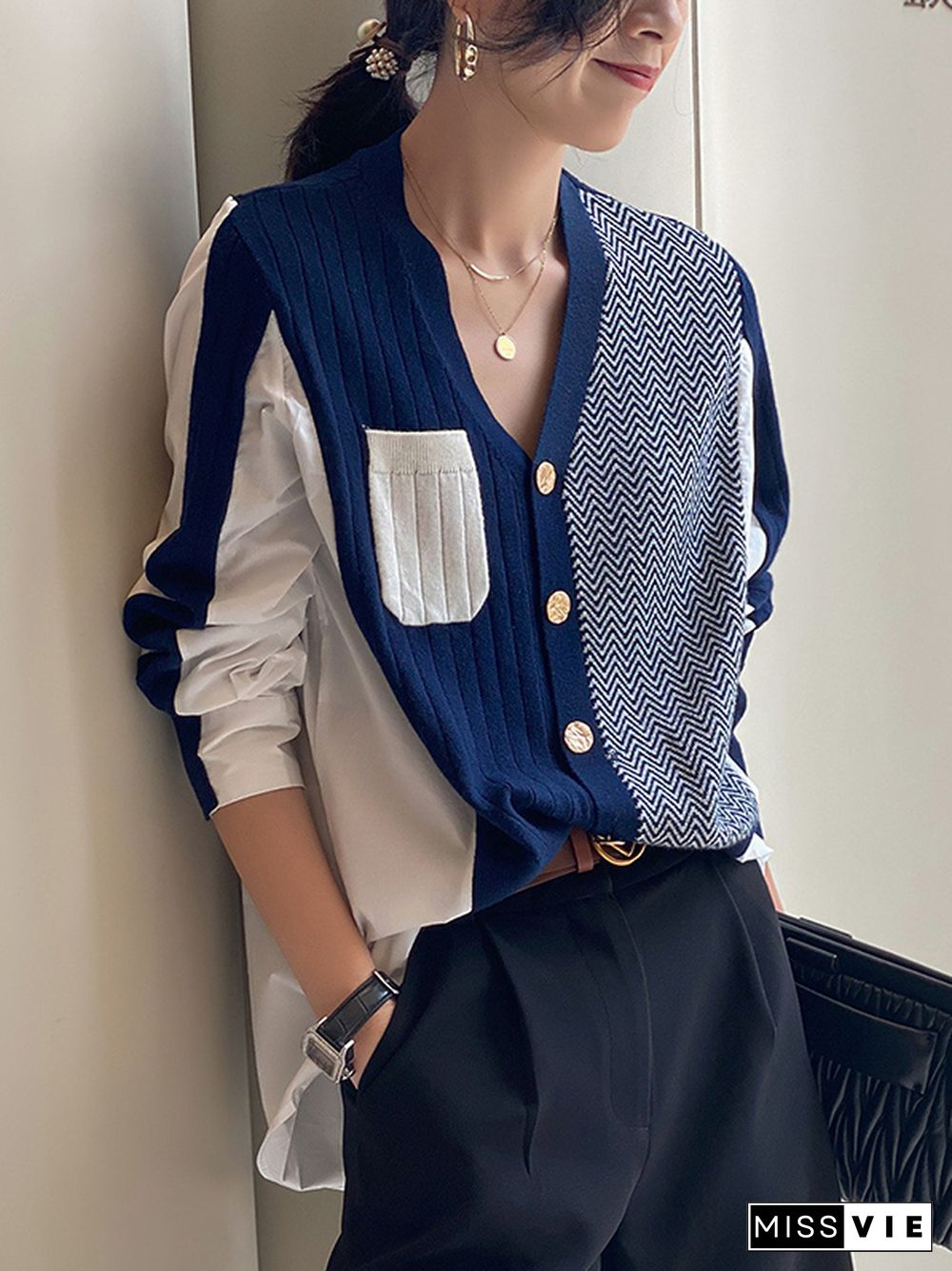 Urban Long Sleeves Contrast Color Split-Joint V-Neck Cardigan Tops