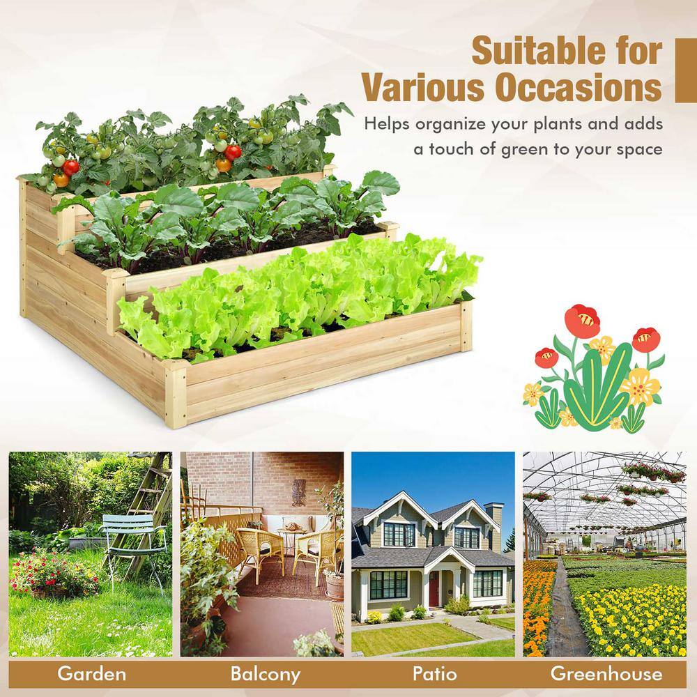 Costway 48 in. x 48 in. x 22 in. 3-Tier Natural Raised Garden Bed Wood Planter Kit for Flower Vegetable Herb GT3808