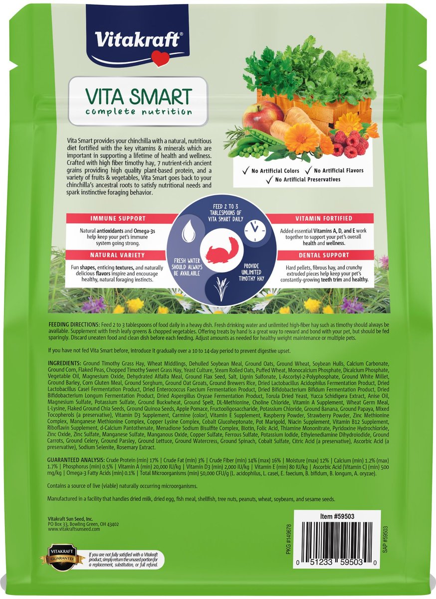 Vitakraft Vita Smart Vitamin-Fortified Complete Natural Forage Blend Nutrition Timothy Hay Pellets Chinchilla Food