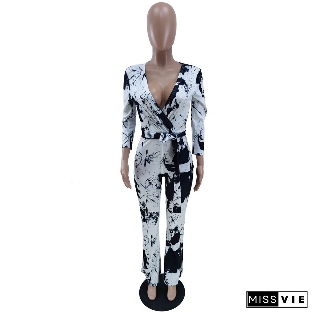 Black And White Inkjet Sputtering Element Printed Loose Jumpsuit