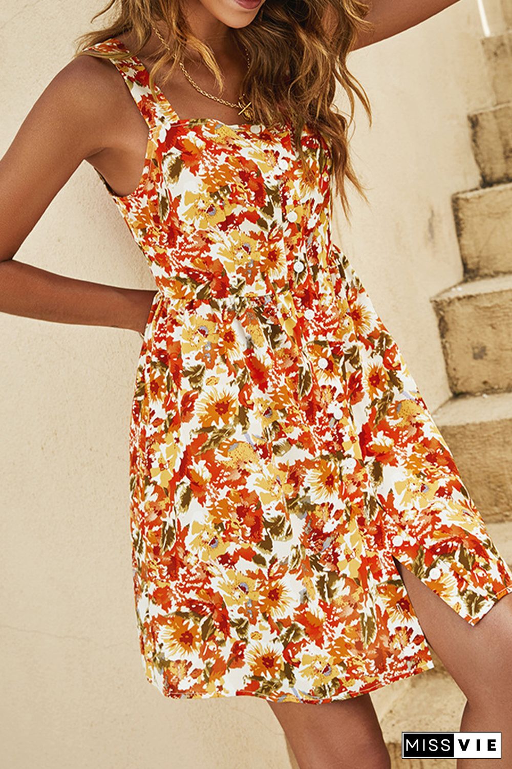 Button Down Spaghetti Strap Floral Dress