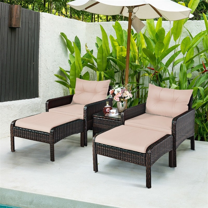 5 Pcs Rattan Patio Conversation Sets with Ottomans & Coffee Table, Wicker Outdoor Bistro Set