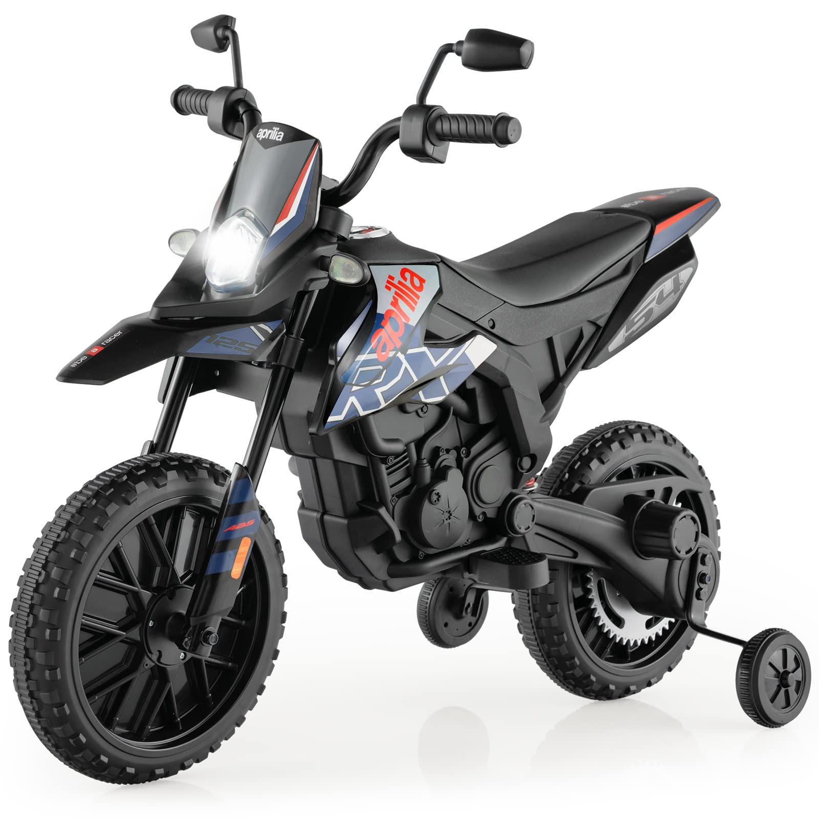 Costzon 12V Kids Motorcycle with Training Wheels, Licensed Aprilia Battery Powered Toddler Motorbike w/Light, Music