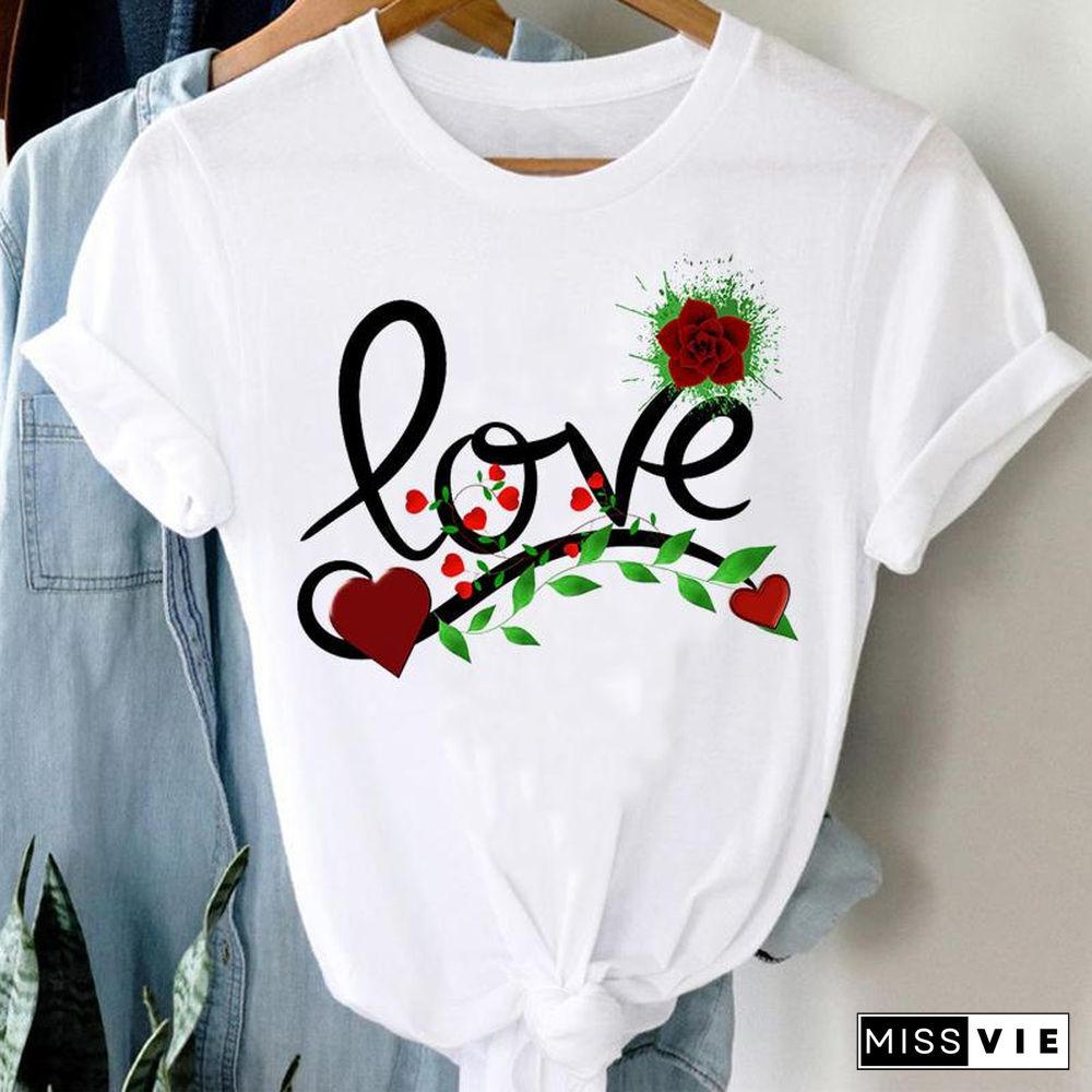 Tee Women Top Leopard Love Heart Cute Clothes Lady Casual Short Sleeve Fashion Summer Tshirt Regular Female Graphic T-Shirt