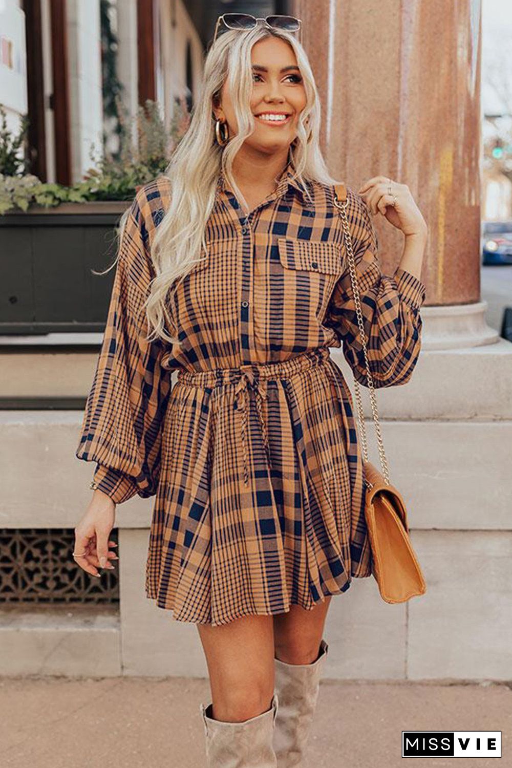 Orange Plaid Print Pocketed Drawstring High Waist Mini Dress