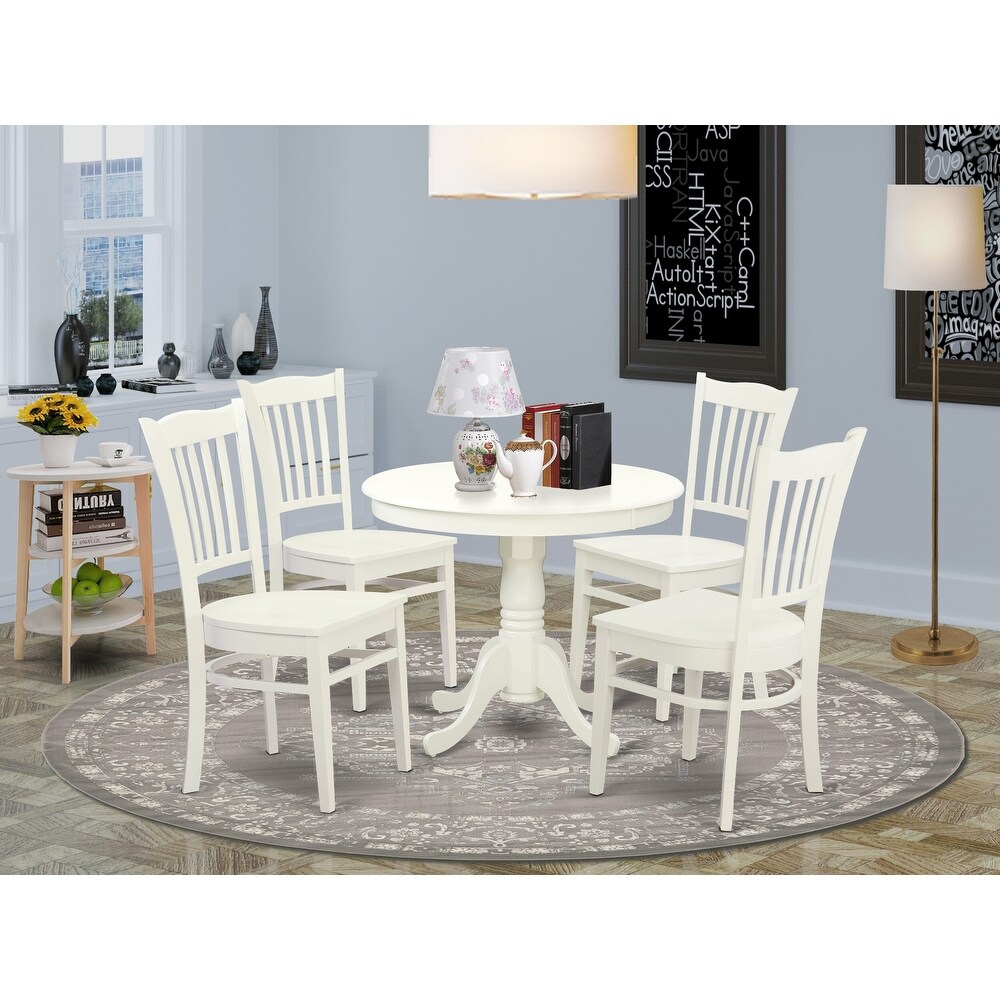 East West Furniture Kitchen Table Set  A Round Dining Room Table and Solid Wood Seat Chairs  Linen White (Pieces Options)