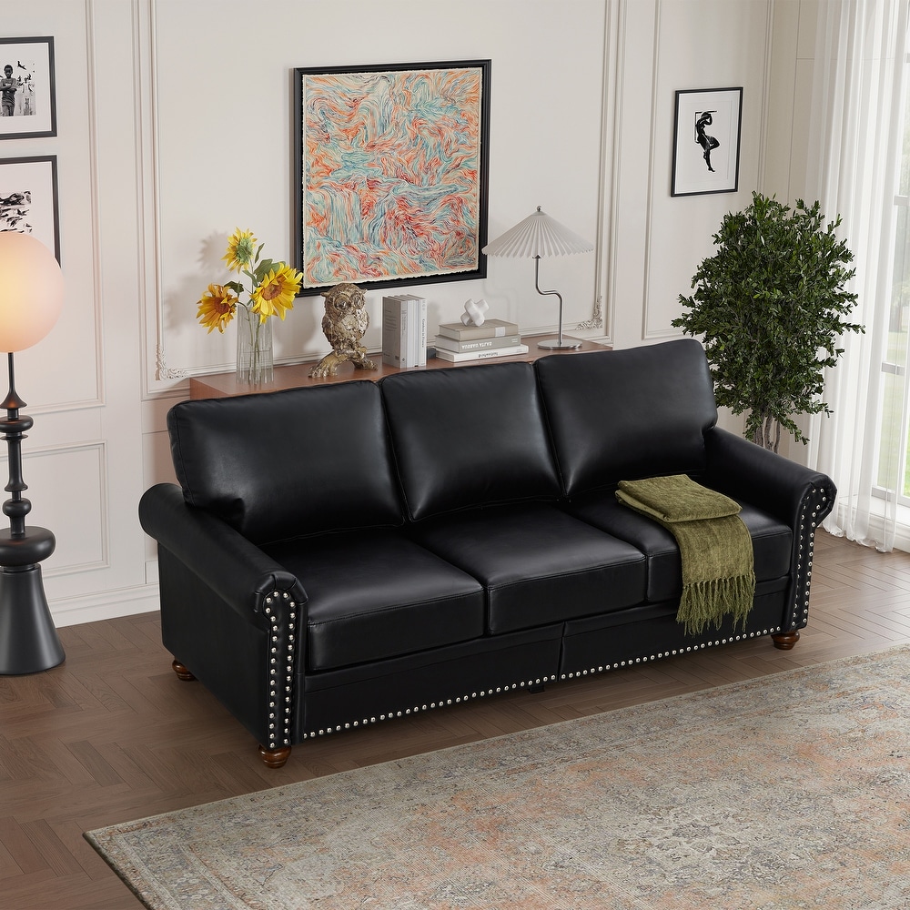 Contemporary Faux Leather Sofa with Storage   Sturdy Frame  Nails Decoration  Comfortable Support   3 Seater Couch