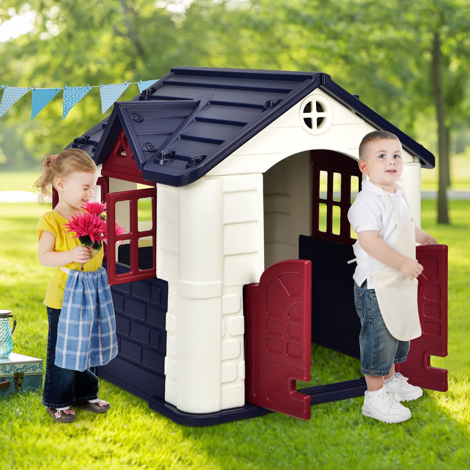 Costzon Playhouse for Kids, Pretend Toy House w/ Picnic Table, 7 PCS Toy Set & Tray