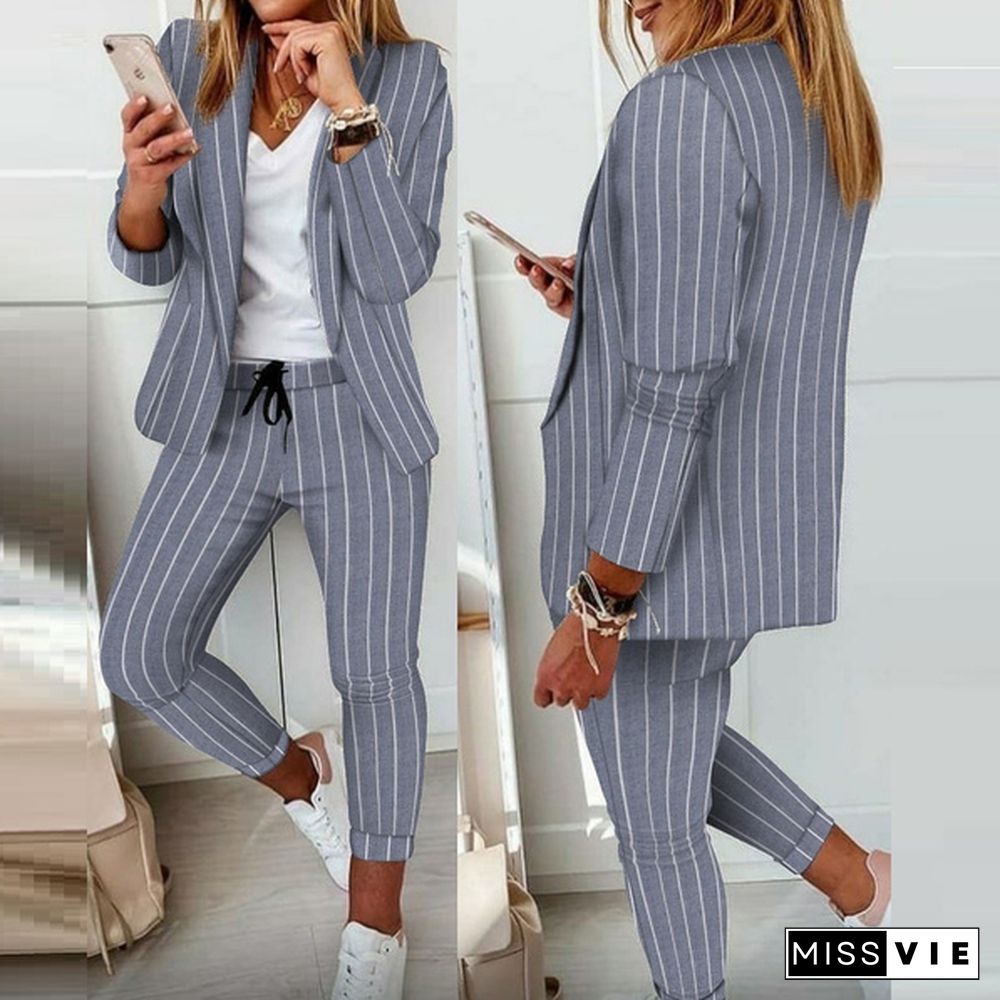 Women Elegant Long Sleeve Blazer Sets Lapel Neck Blazer Coat & Drawstring Pants Set Two Piece Outfits For Women