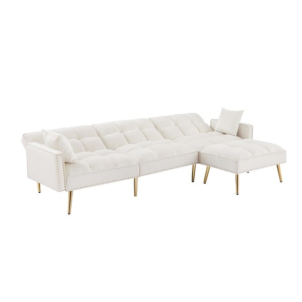 White Velvet Upholstered Reversible Sectional Sofa Bed ， L-Shaped Couch with Movable Ottoman