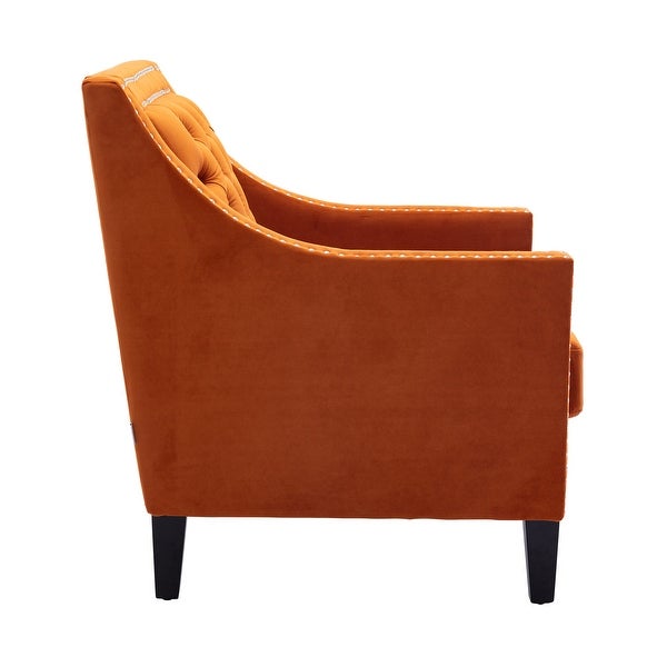 Velvet Upholstered accent living room armchair with nailheads and solid wood legs