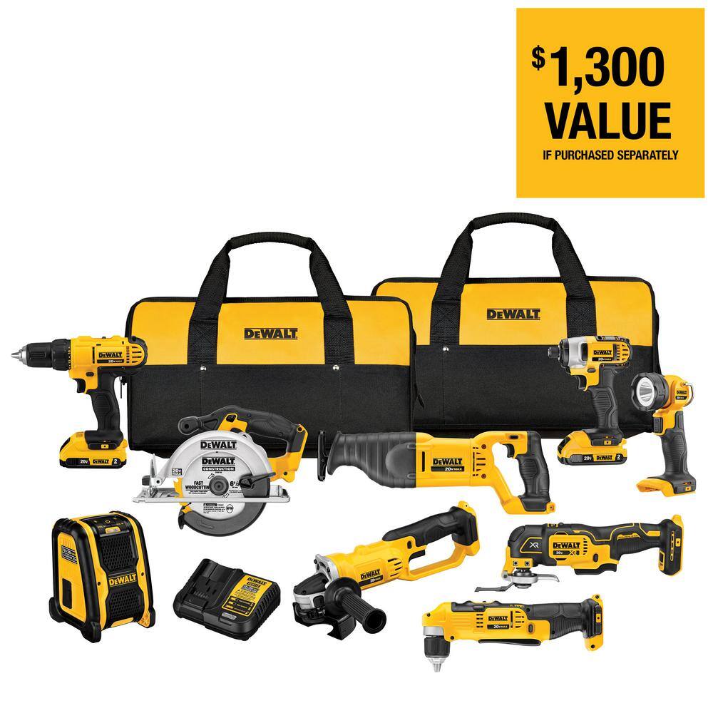 DW 20V MAX Cordless 9 Tool Combo Kit with (2) 20V 2.0Ah Batteries and Charger DCK940D2