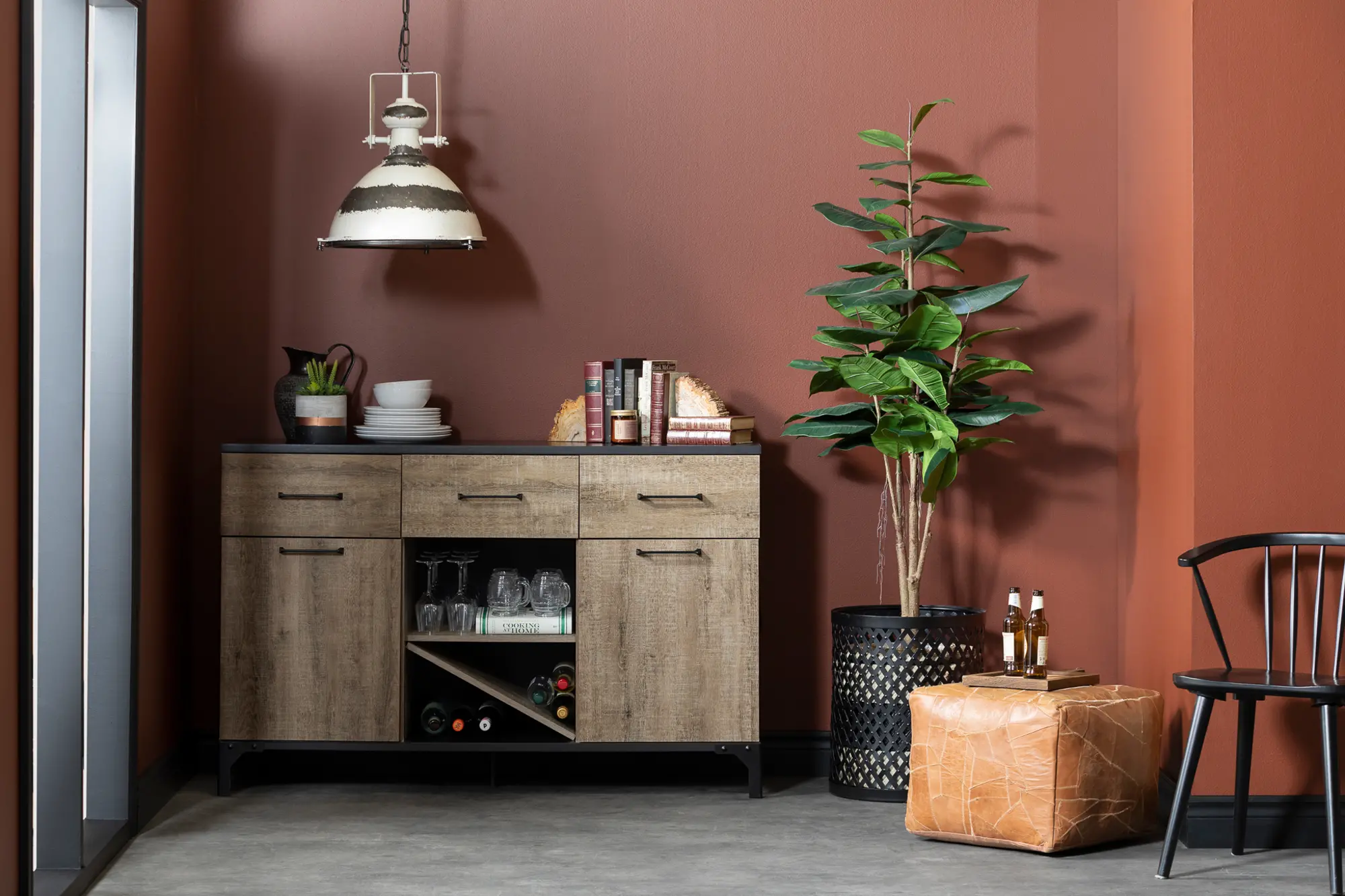 Weathered Oak and Ebony Bar Cabinet - South Shore