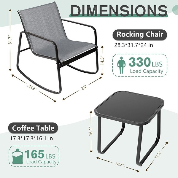 3Piece Outdoor Patio Rocking Chair Bistro Set with Glass Top Coffee Table