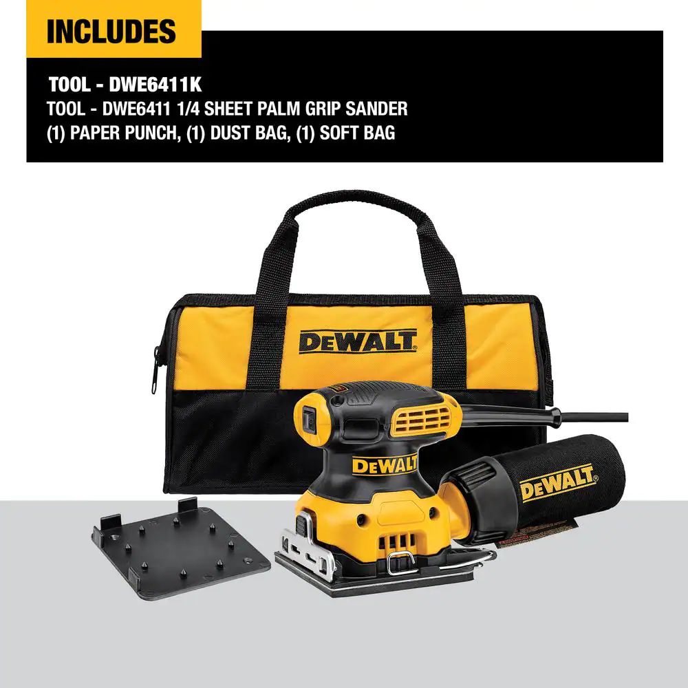 DEWALT DWE6411K 2.3 Amp Corded 1/4 Sheet Palm Grip Sander Kit with Contractor Bag