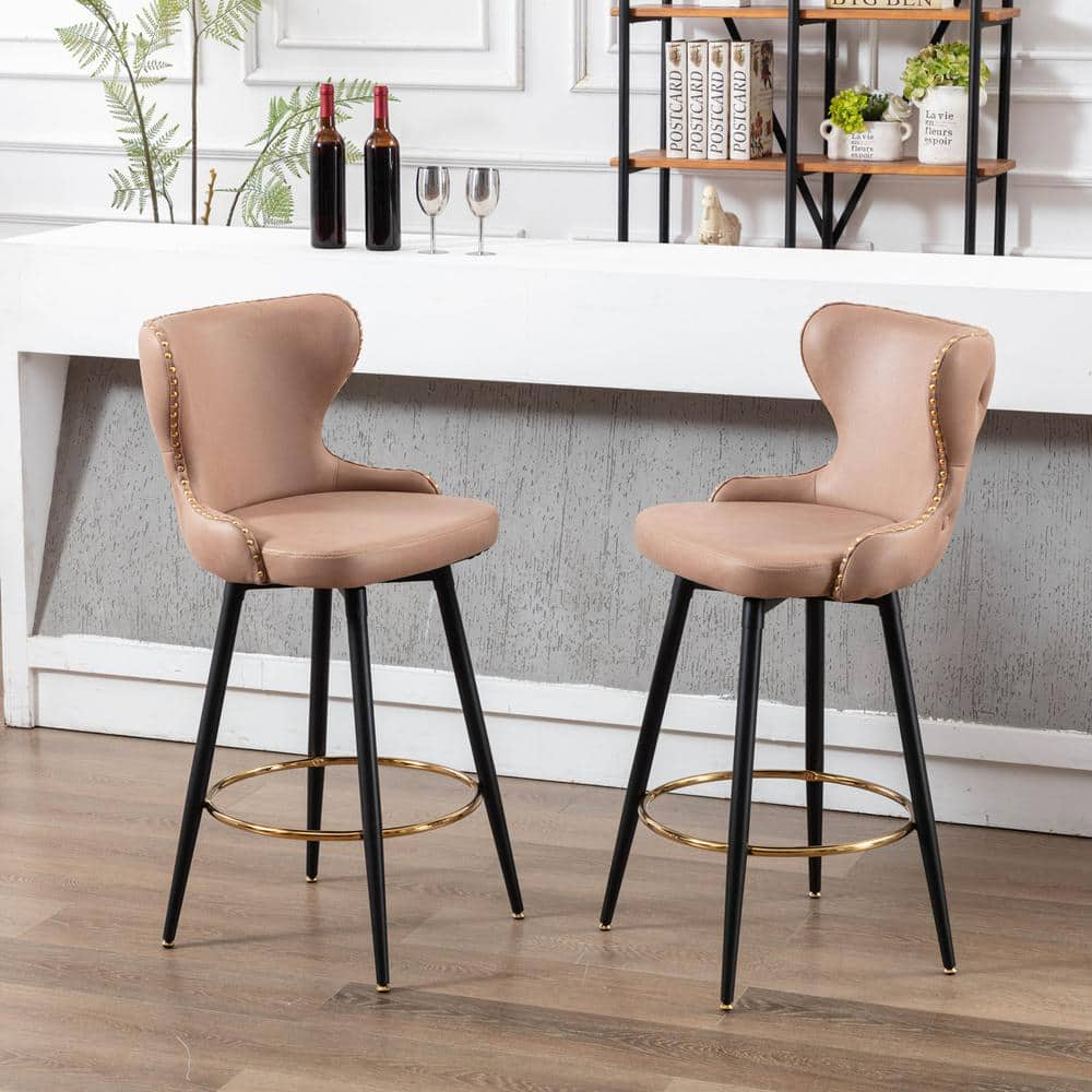 GOJANE 41.30 in. khaki Modern Leathaire Bar Stool with Tufted Gold Nailhead Trim and Metal Legs, Set of 2 W114342858LWY