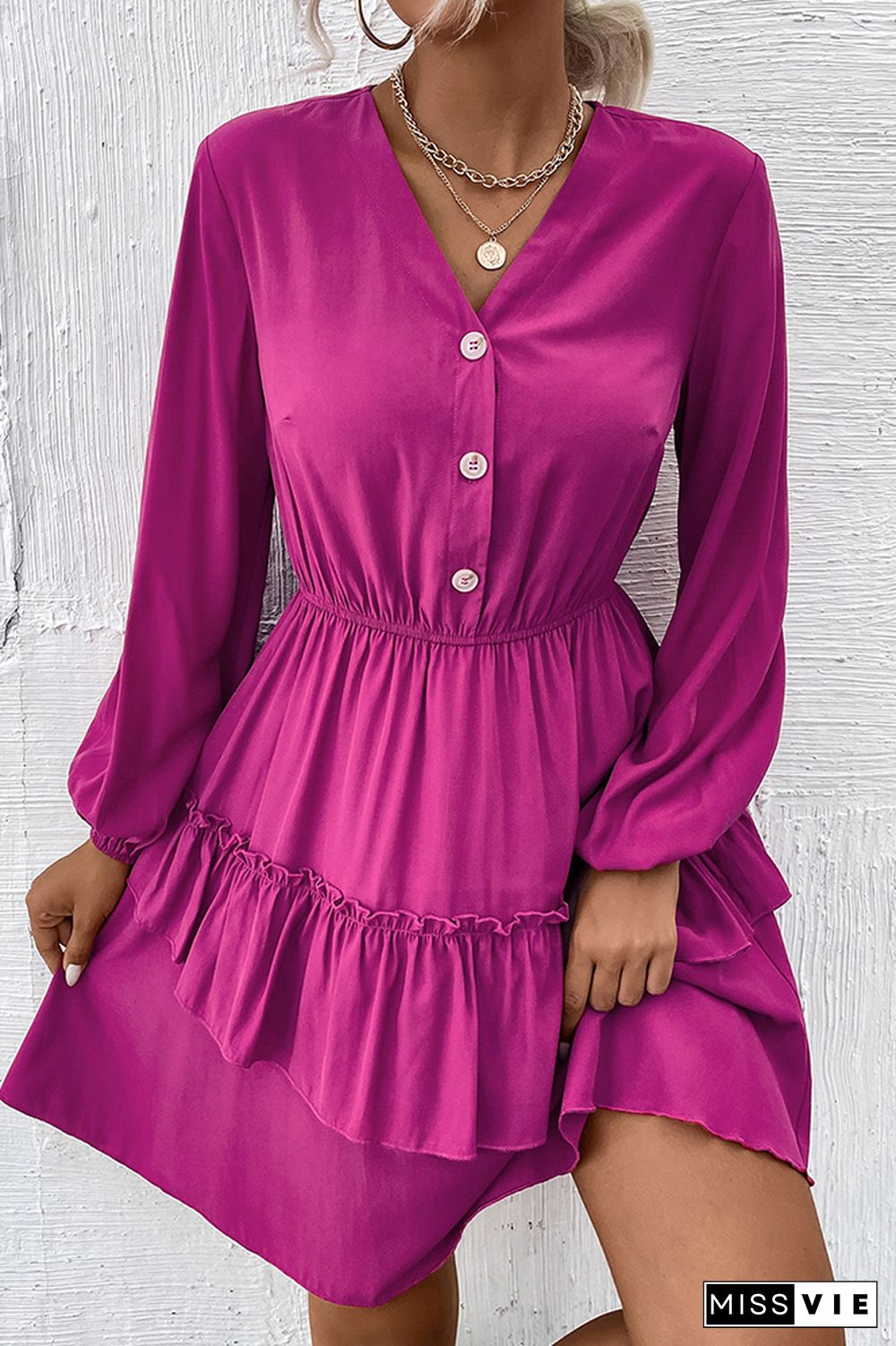 Rose V Neck Button Down High Waist Tiered Midi Dress