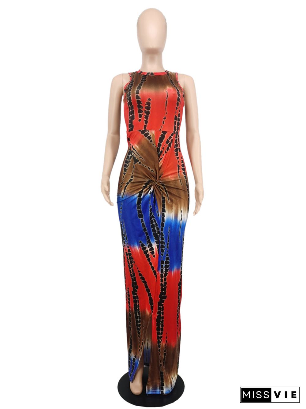 Knot Sleeveless Tie Dye Print Skinny Maxi Dresses