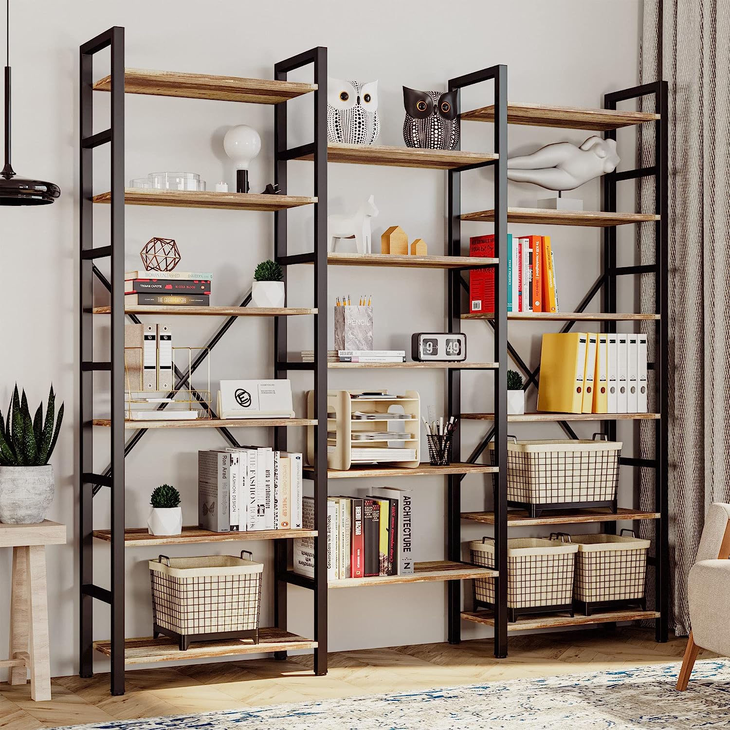 Triple Wide 6 Tiers Industrial Bookshelf, Large Etagere Bookcases and Bookshelves Open Display Shelves with Metal Frame