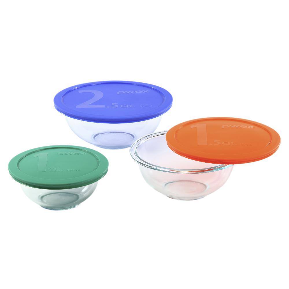 Pyrex Smart Essentials 6-Piece Glass Mixing Bowl Set with Assorted Colored Lids 1071025