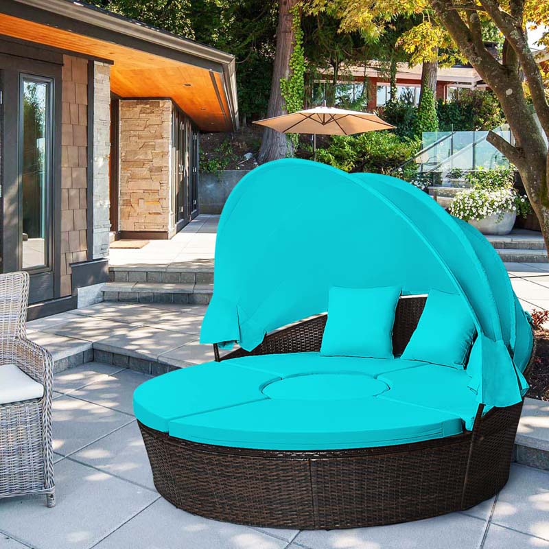 Rattan Wicker Patio Round Daybed with Retractable Canopy & Coffee Table, Outdoor Sectional Furniture Sofa Set