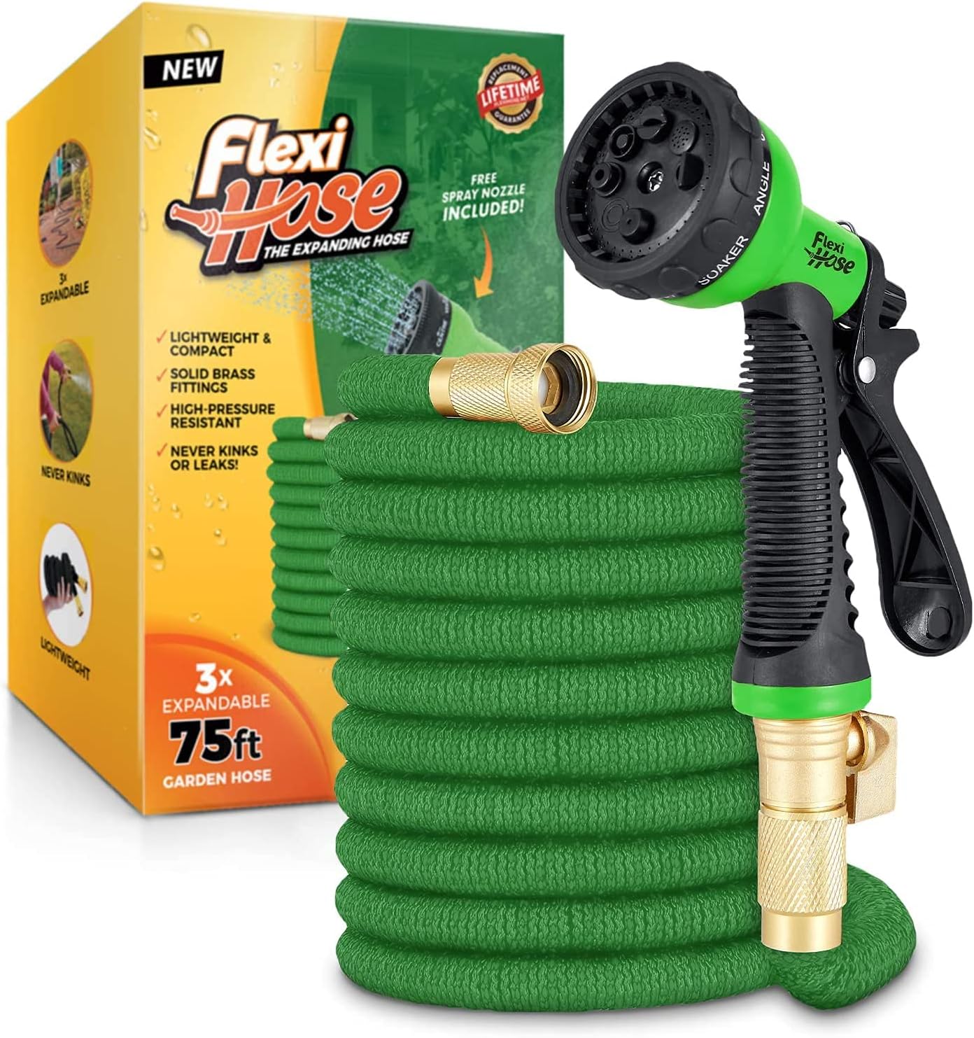 Flexi Hose with 8 Function Nozzle Expandable Garden Hose, Lightweight & No-Kink Flexible Garden Hose, 3/4 inch Solid Brass Fittings and Double Latex Core, 50 ft Blue Black