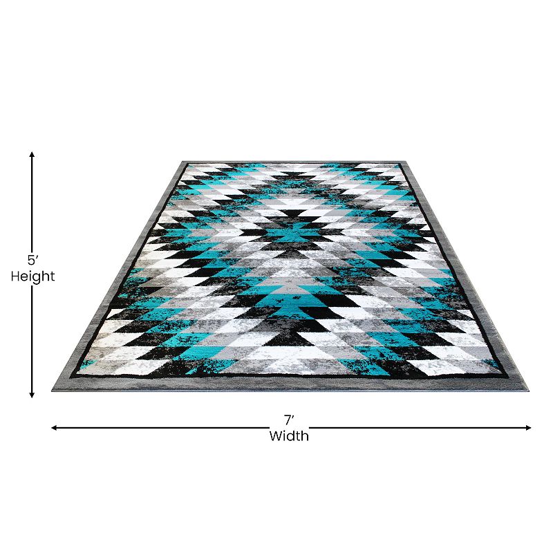 Masada Rugs Masada Rugs Stephanie Collection 5'x7' Area Rug with Distressed Southwest Native American Design 1106 in Turquoise， Gray， Black and White