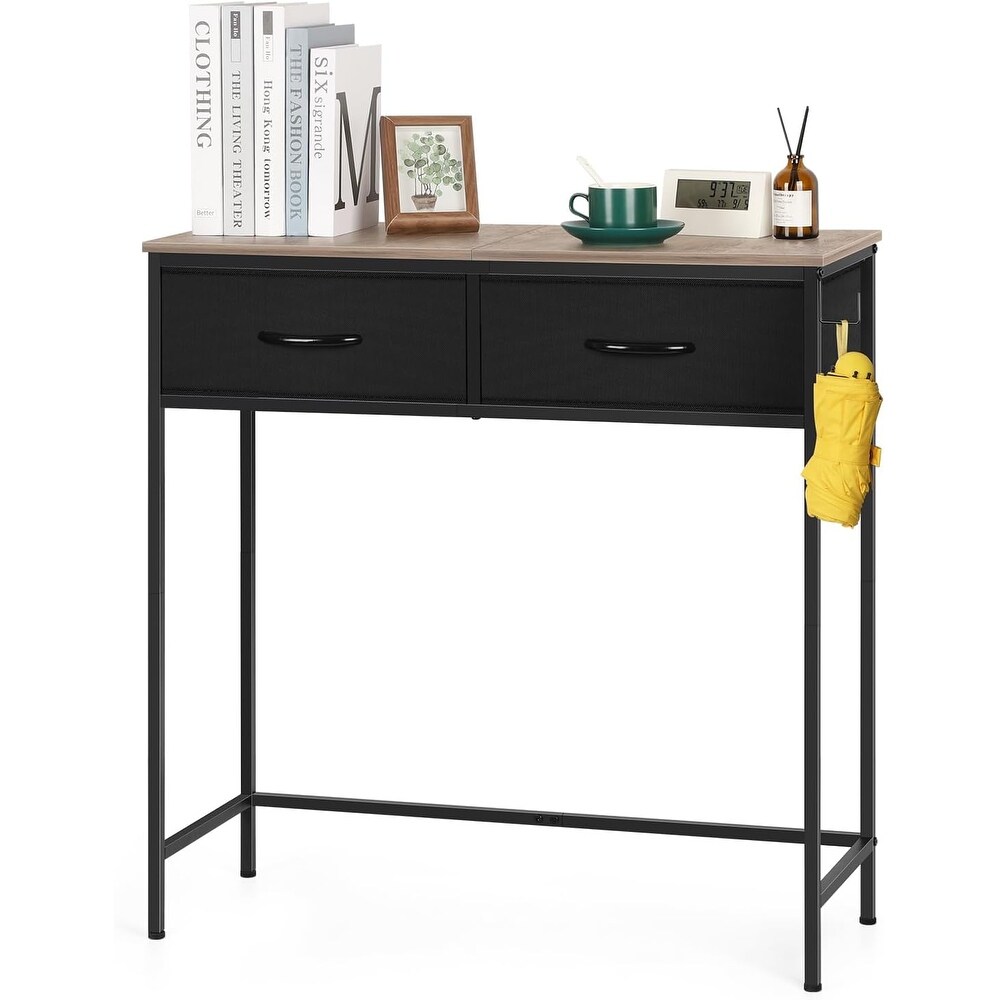 Narrow Modern Sofa Table with Hooks and Fabric Drawers Console Table